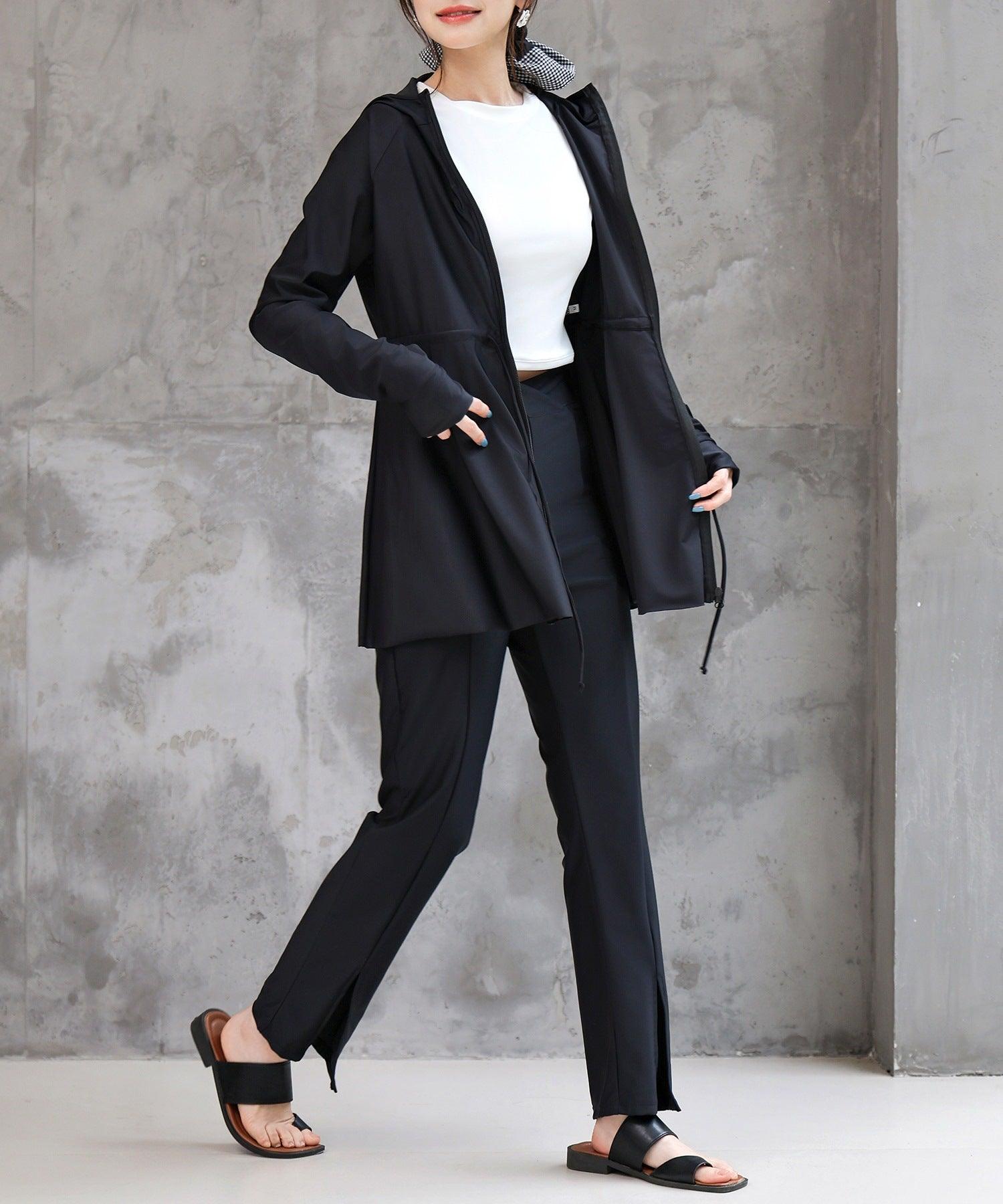 テディショップ Teddyshop 【UVカット率 99.9%以上】レディース水着 長袖フード付きハイネックジップアップ体型カバーラッシュガード (ブラック) ブラック