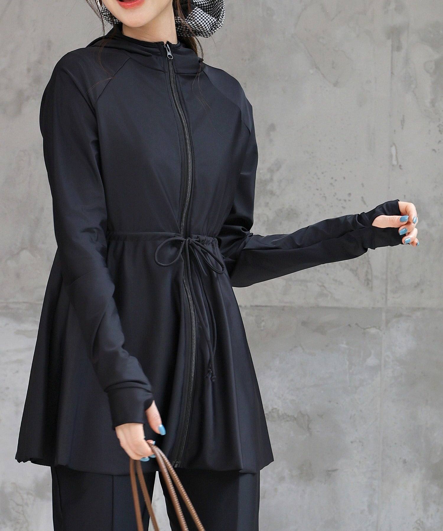 テディショップ Teddyshop 【UVカット率 99.9%以上】レディース水着 長袖フード付きハイネックジップアップ体型カバーラッシュガード (ブラック) ブラック