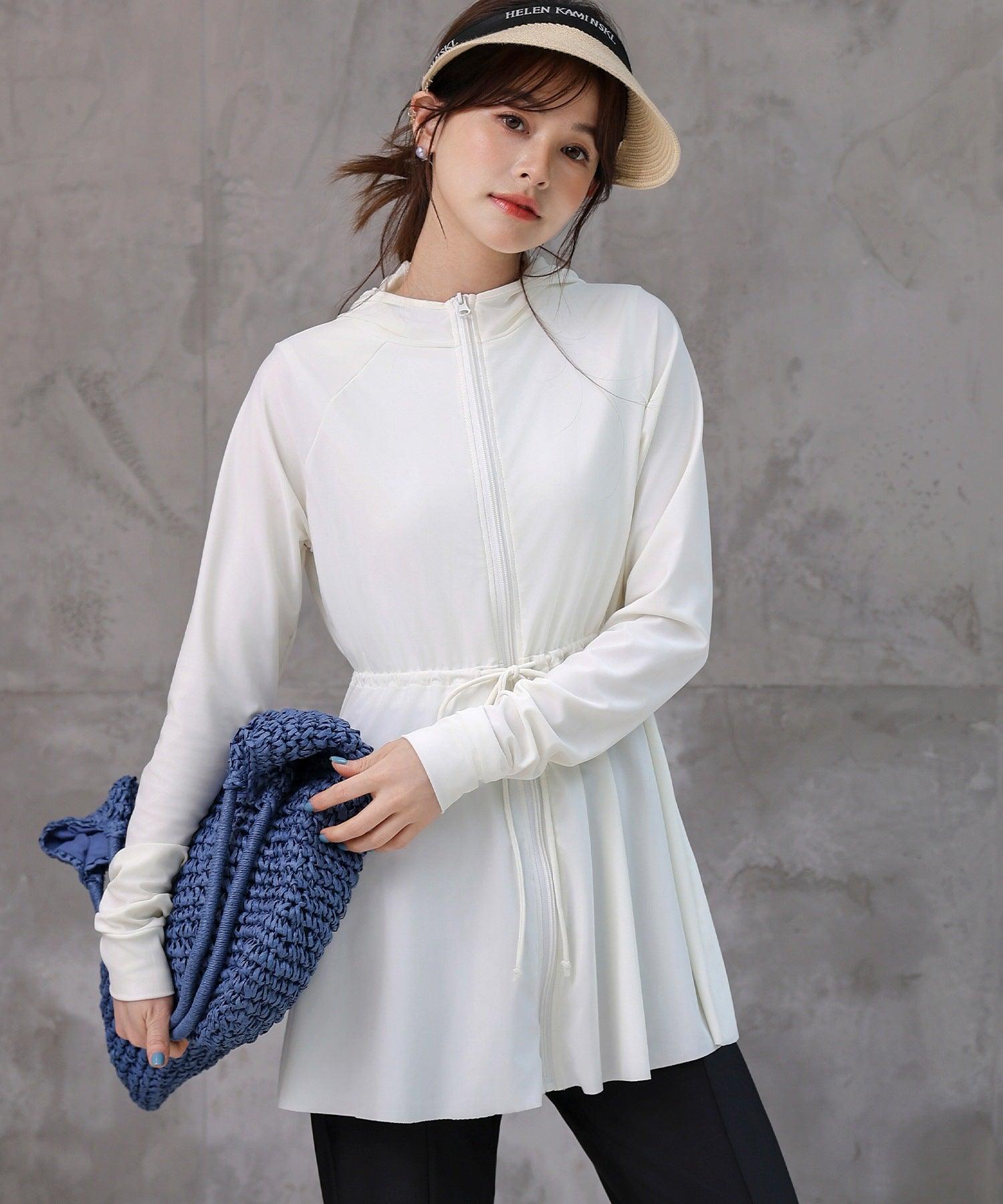 テディショップ Teddyshop 【UVカット率 99.9%以上】レディース水着 長袖フード付きハイネックジップアップ体型カバーラッシュガード (ホワイト) ホワイト