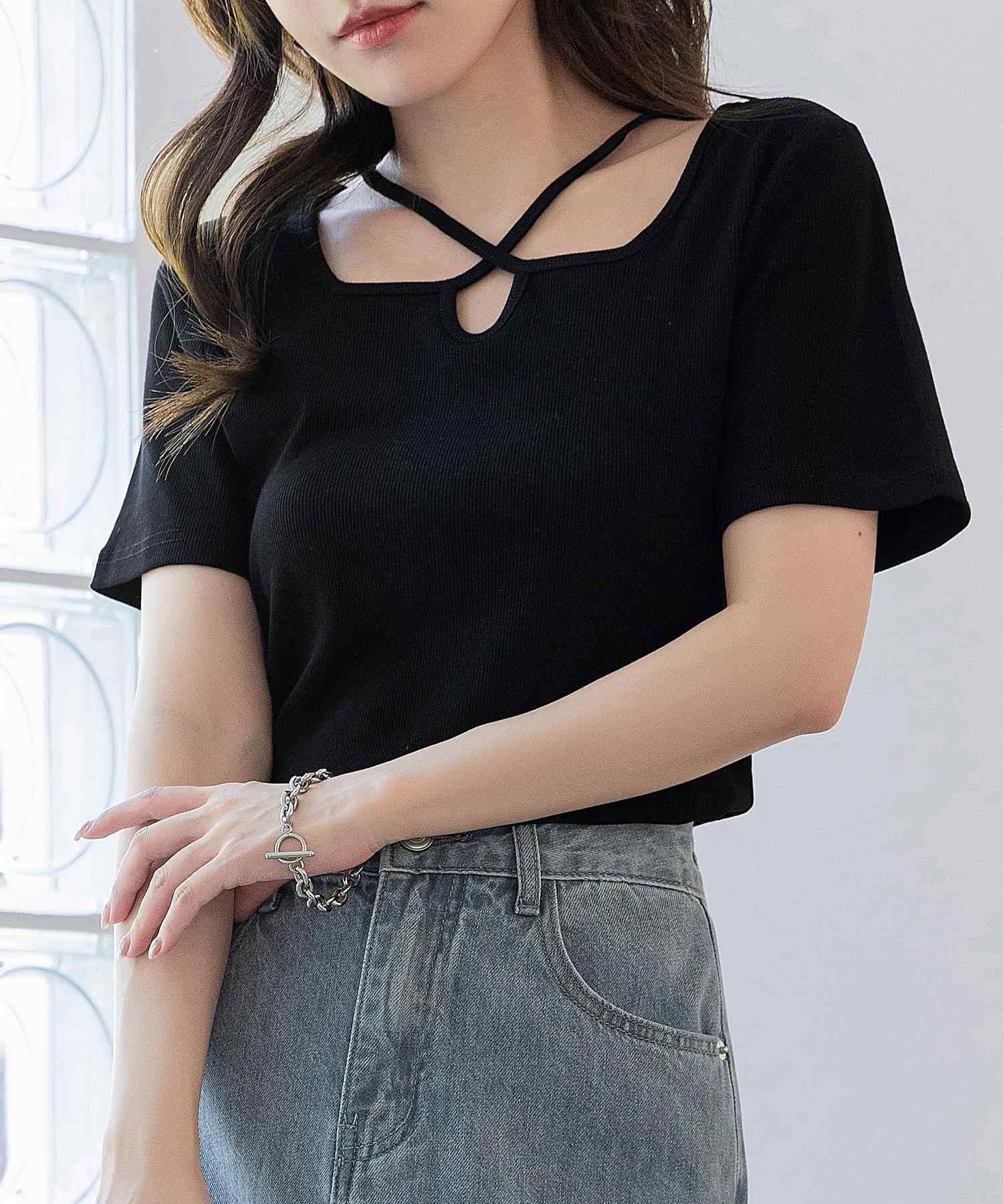 テディショップ Teddyshop レディース デコルテきれい魅せ。半袖クロスネックリブトップス (ホワイト) ホワイト