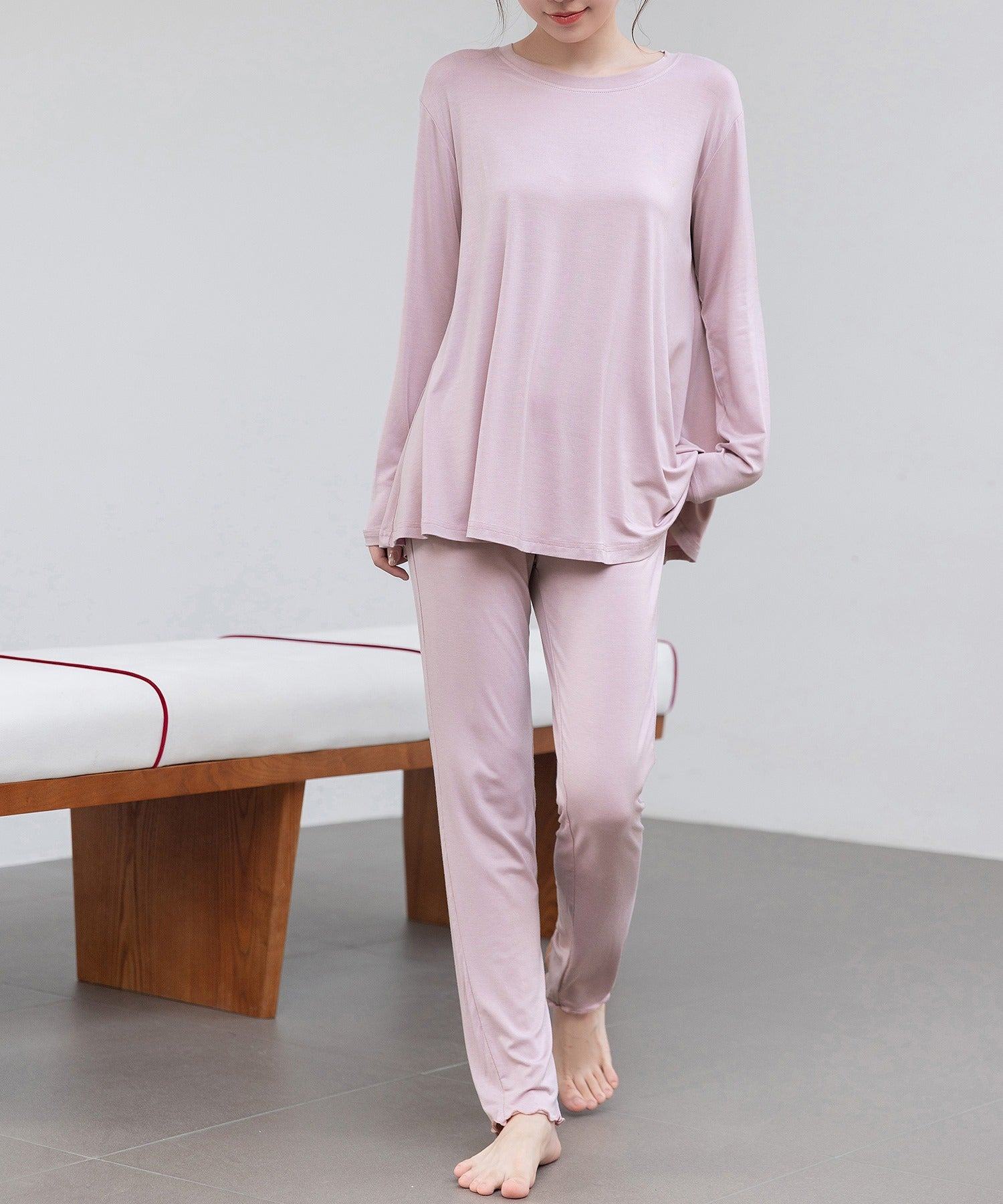 テディショップ Teddyshop レディース てろっとなめらか長袖プルオーバーメロウフリルルームウェア 上下2点セット (ダスティピンク) ダスティピンク