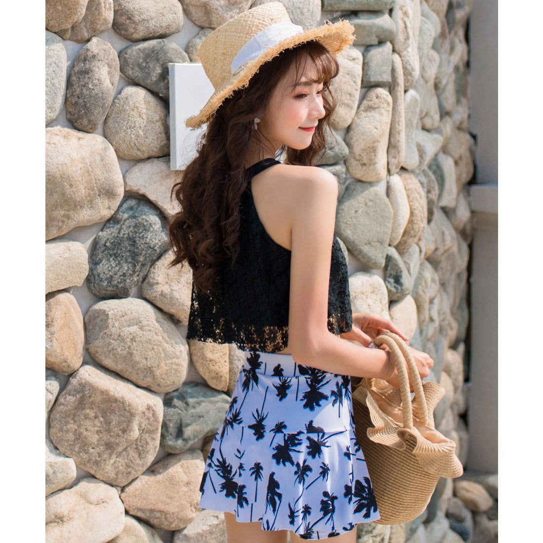 テディショップ Teddyshop レディース 水着 レースハイネックミックスマッチビキニ【返品不可商品】 (B:ブラック×ホワイト) B:ブラック×ホワイト