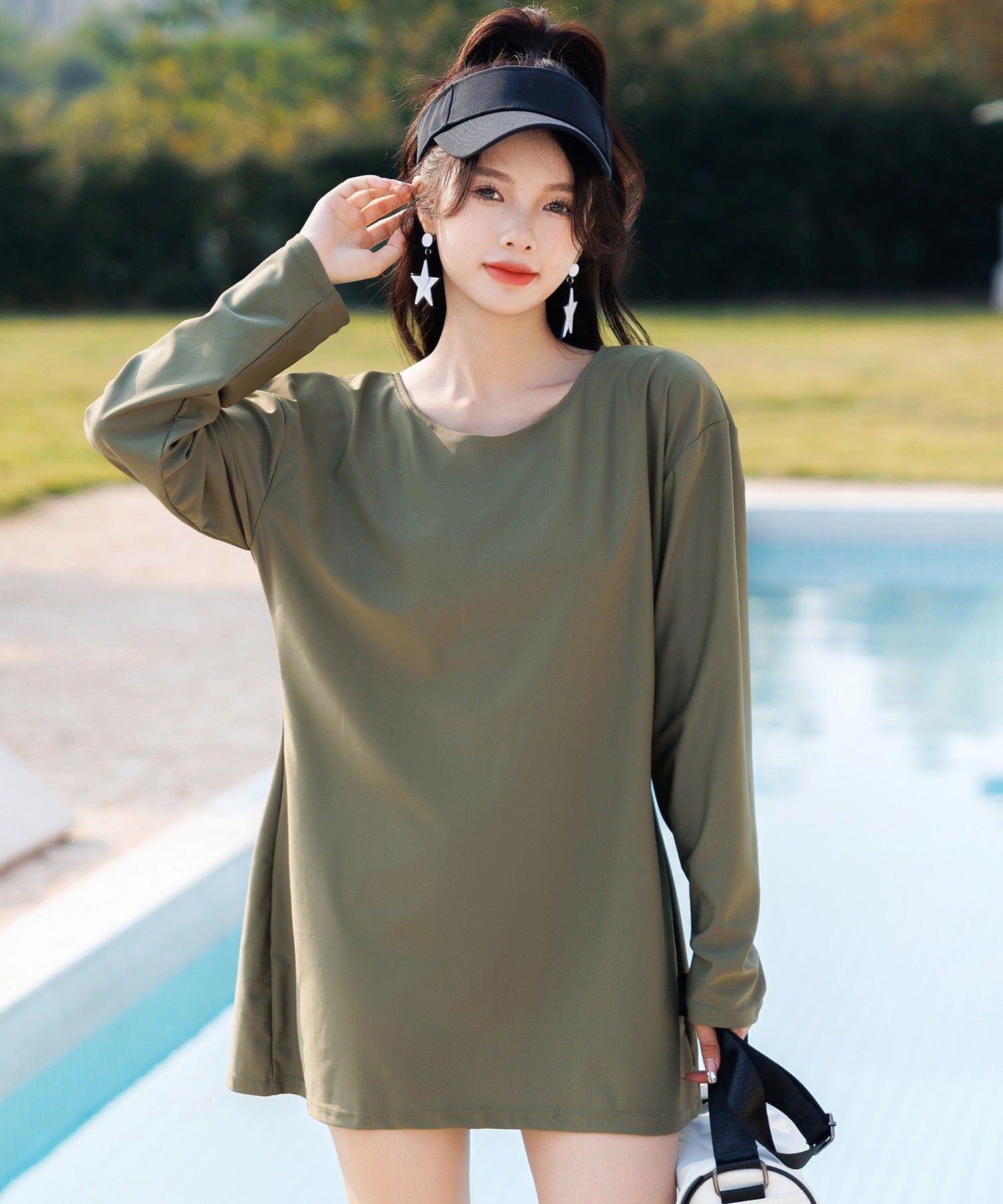 テディショップ Teddyshop レディース ドロップショルダーバックリボン長袖ラッシュガード (カーキ) カーキ