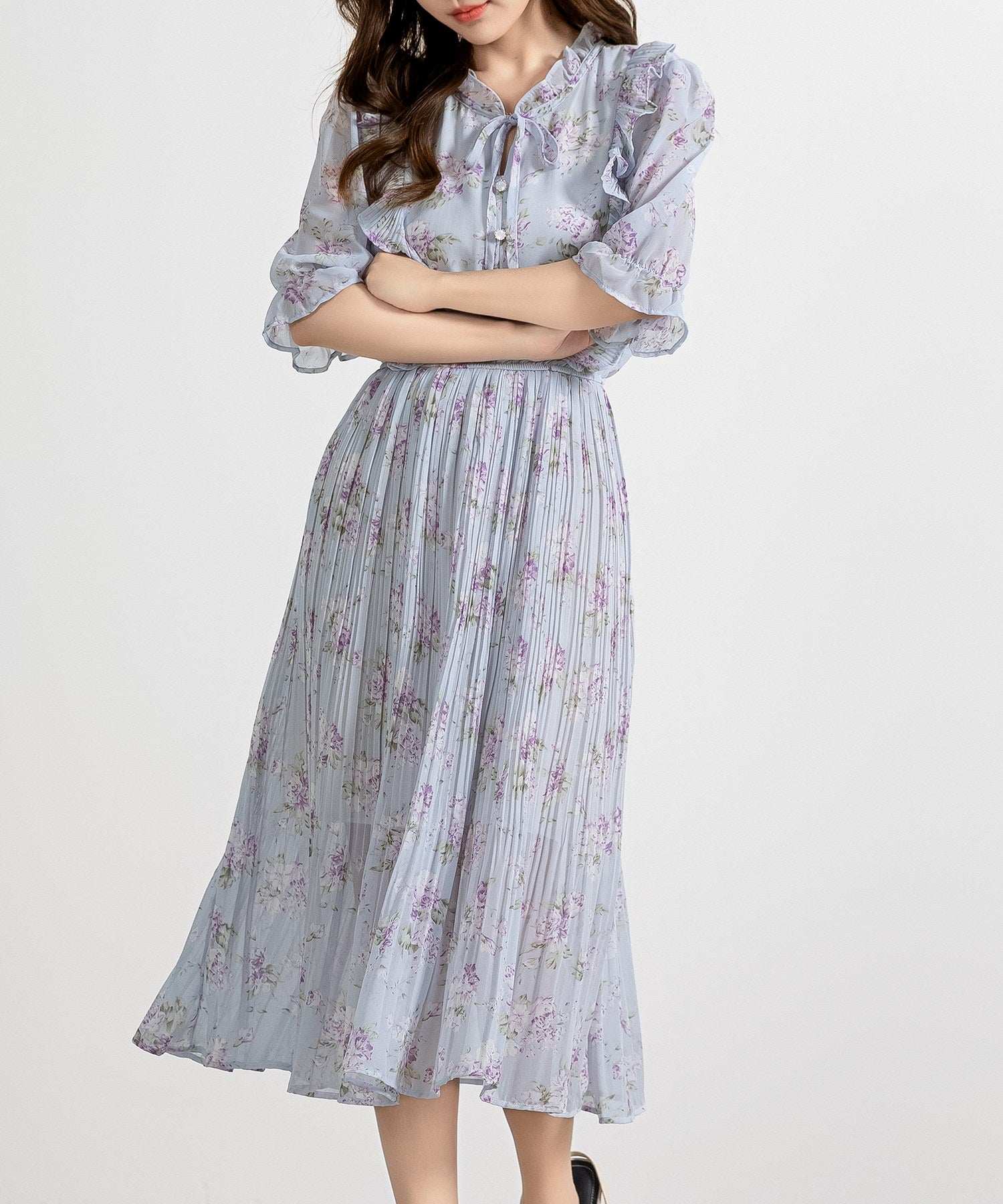 テディショップ Teddyshop レディース バルーンスリーブリボンフリルワンピース (ブルー) ブルー