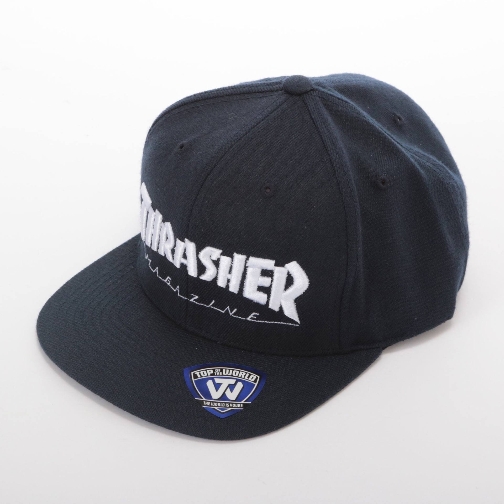 スラッシャー THRASHER TOP OF THE WORLDベース平ツバキャップ,NAV/WHT