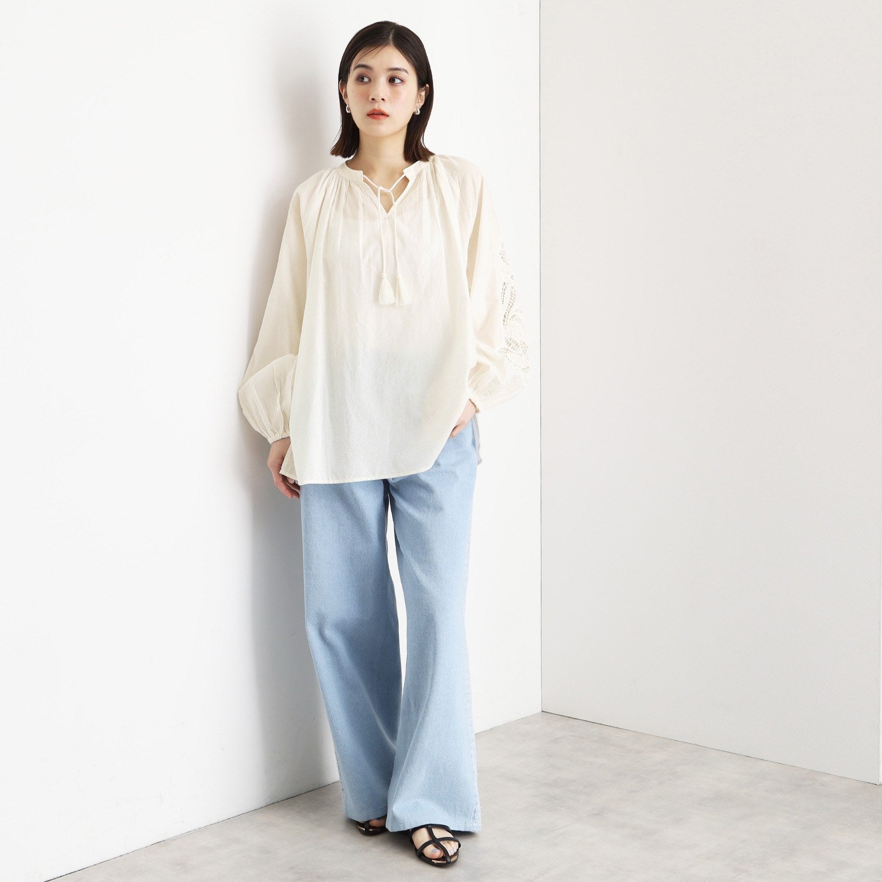 ザ ショップ ティーケー (ウィメン) THE SHOP TK(Women) キャンブリックボイル袖刺繍ブラウス (カーキ(027)) カーキ(027)