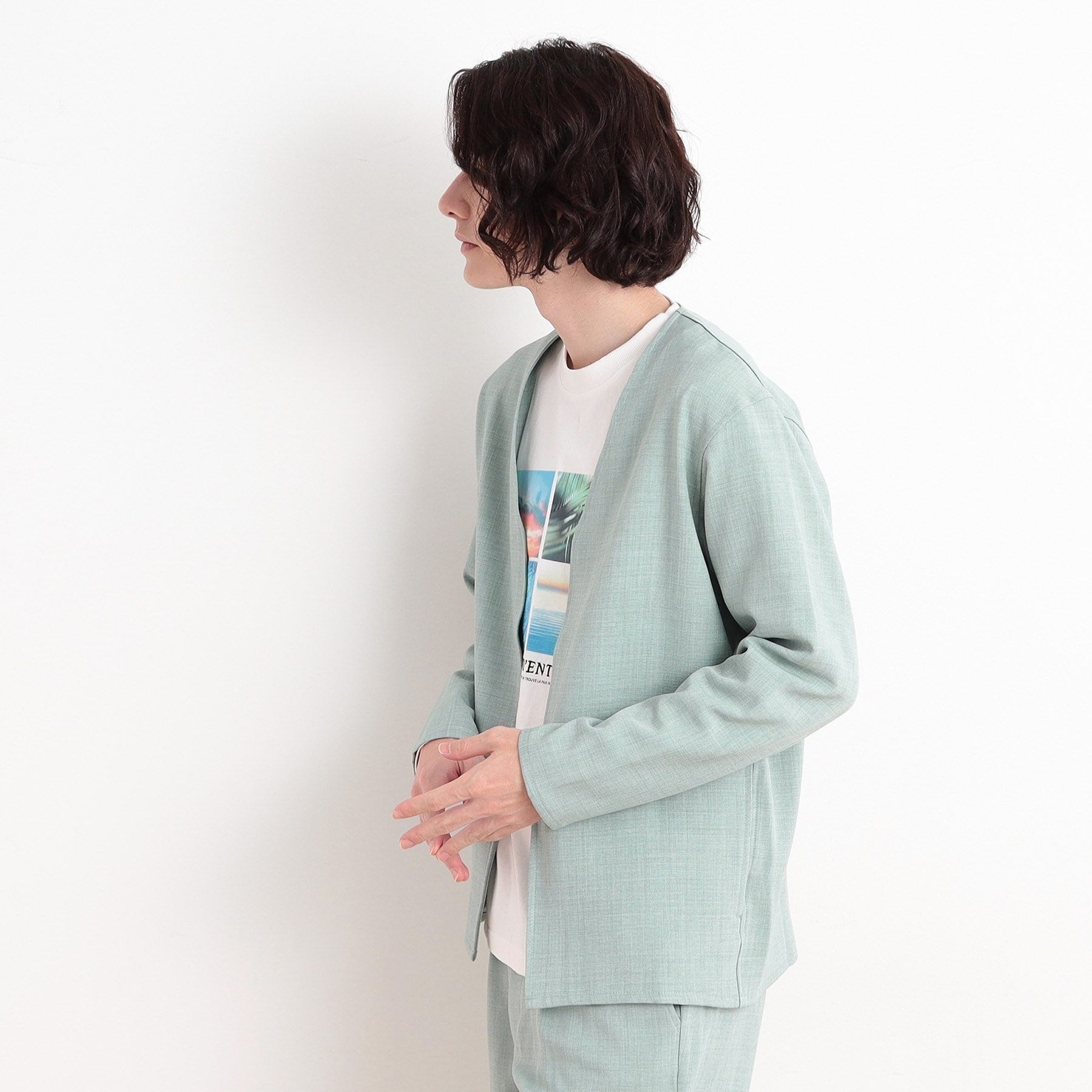 ザ ショップ ティーケー(メンズ) THE SHOP TK(Men) リサイクルシャークスキンノーカラーカーディガン セットアップ可 (ブルー(093)) ブルー(093)