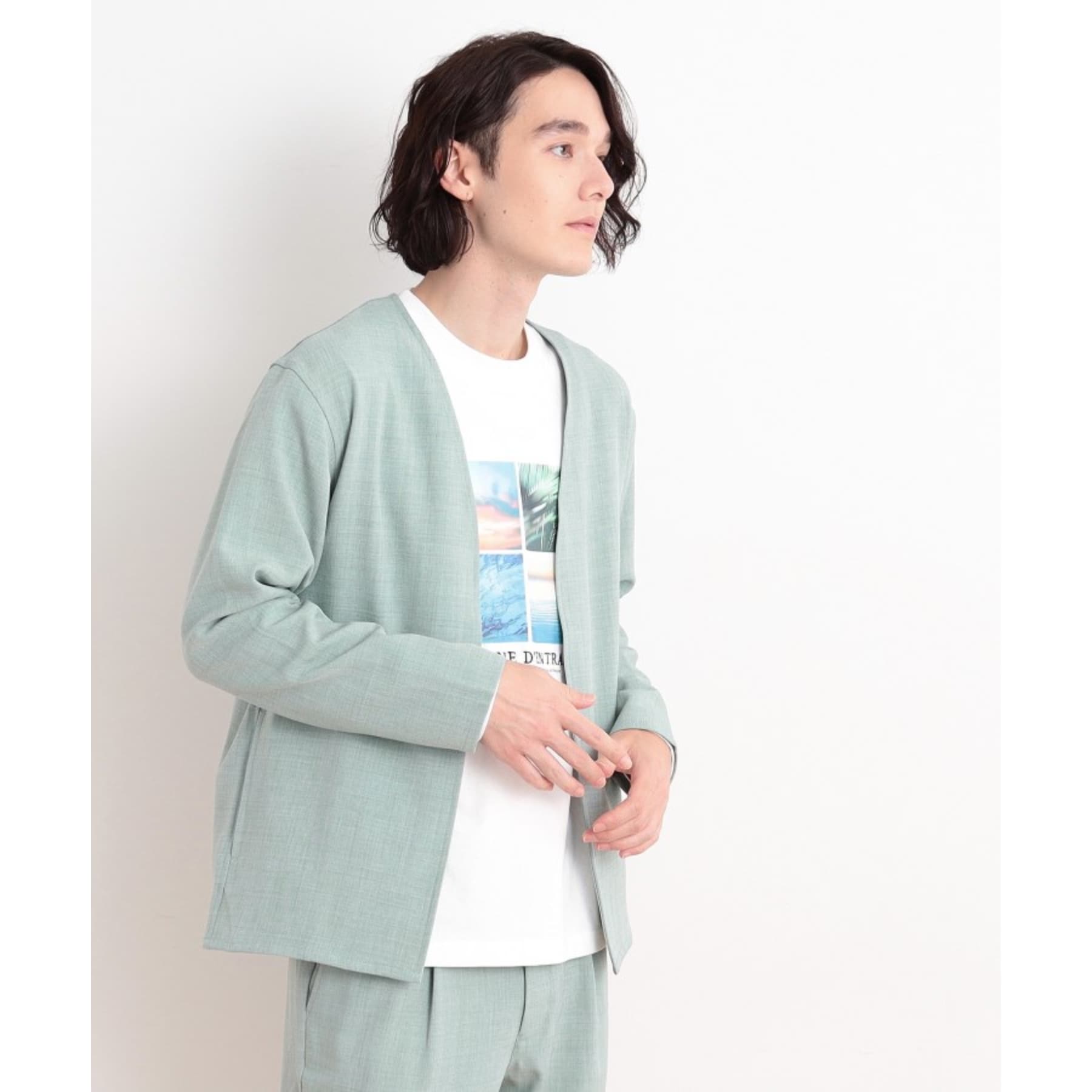 ザ ショップ ティーケー(メンズ) THE SHOP TK(Men) リサイクルシャークスキンノーカラーカーディガン セットアップ可 (ブルー(093)) ブルー(093)