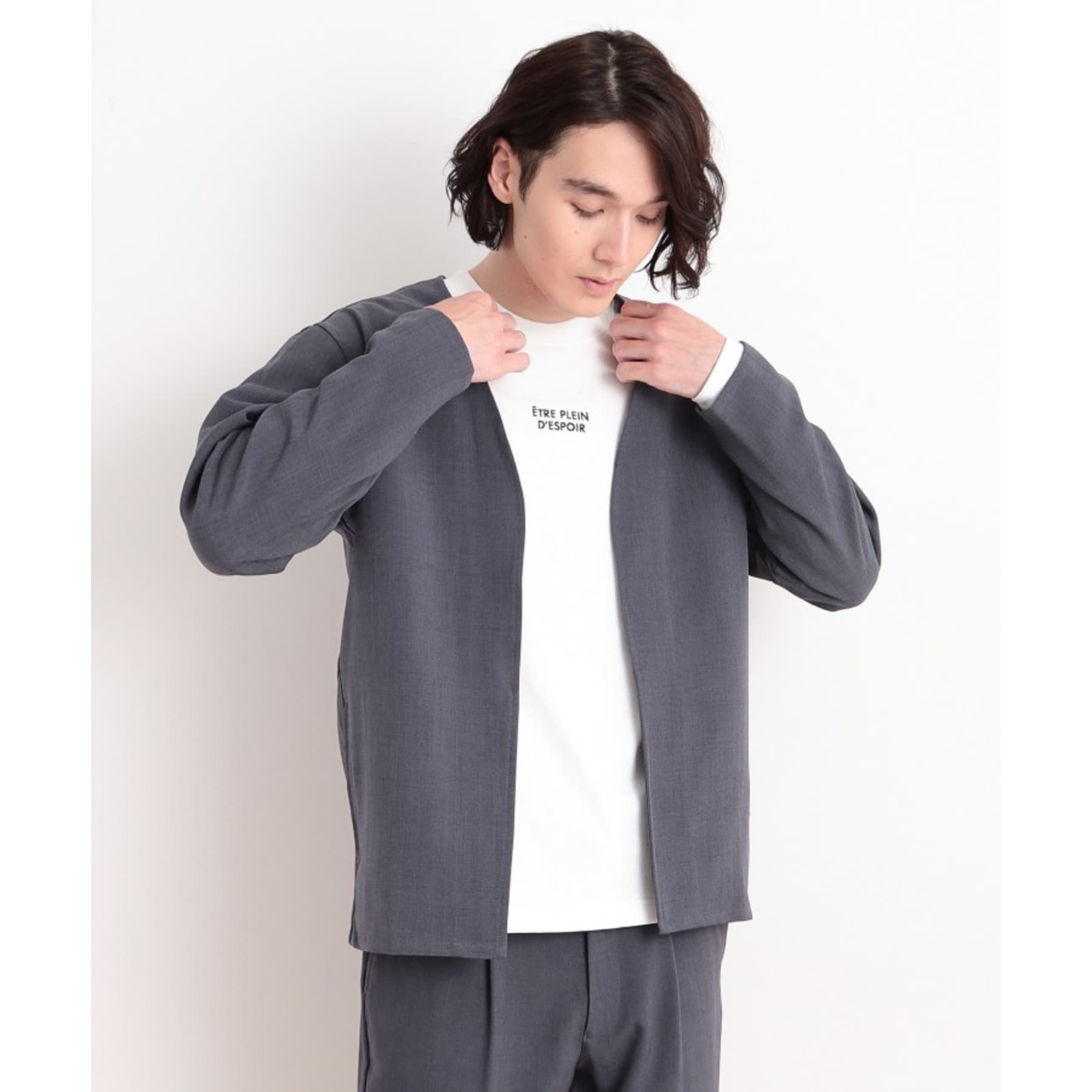 ザ ショップ ティーケー(メンズ) THE SHOP TK(Men) リサイクルシャークスキンノーカラーカーディガン セットアップ可 (ブルー(093)) ブルー(093)