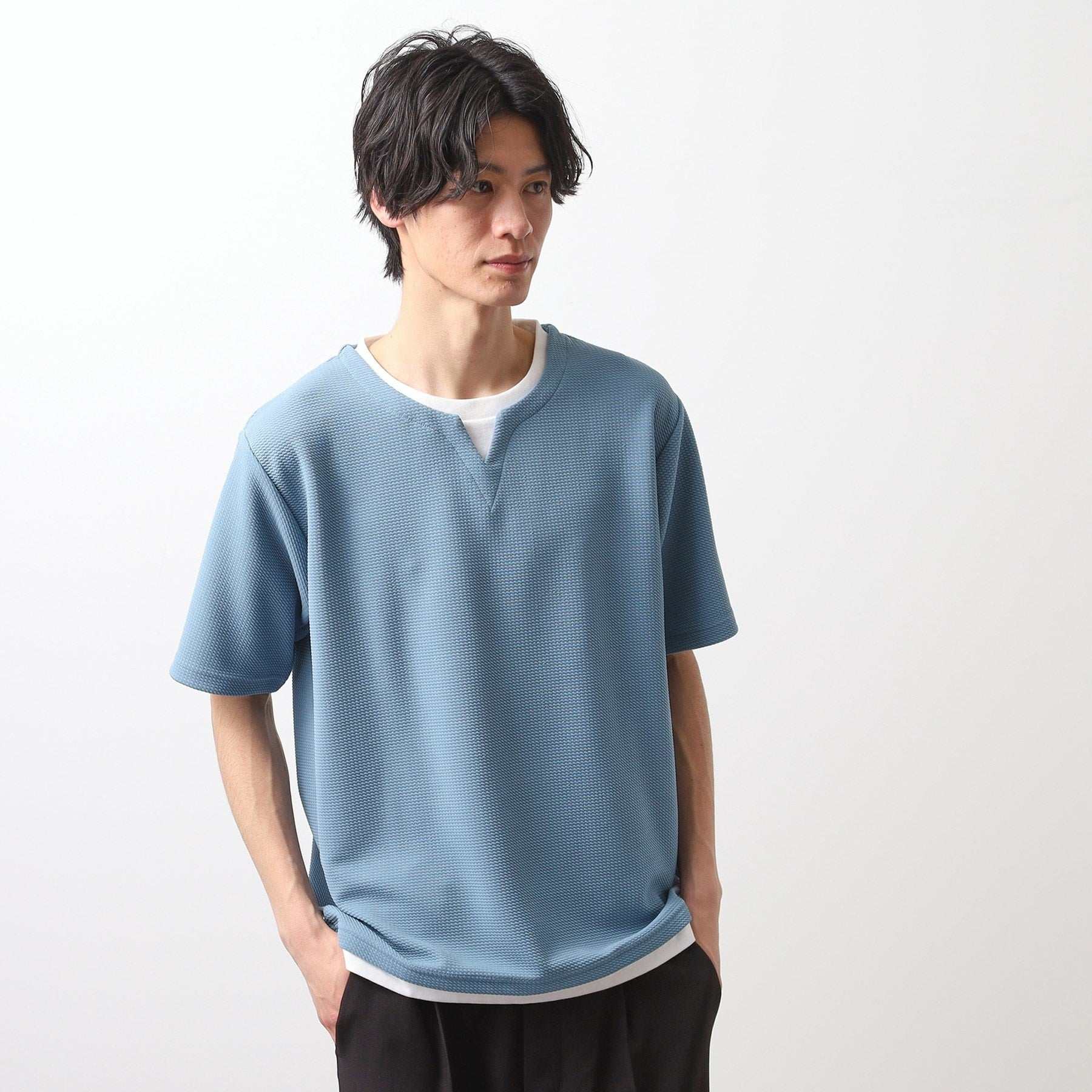 ザ ショップ ティーケー(メンズ) THE SHOP TK(Men) ミニフクレキーネックプルオーバー SS (ブルー(092)) ブルー(092)