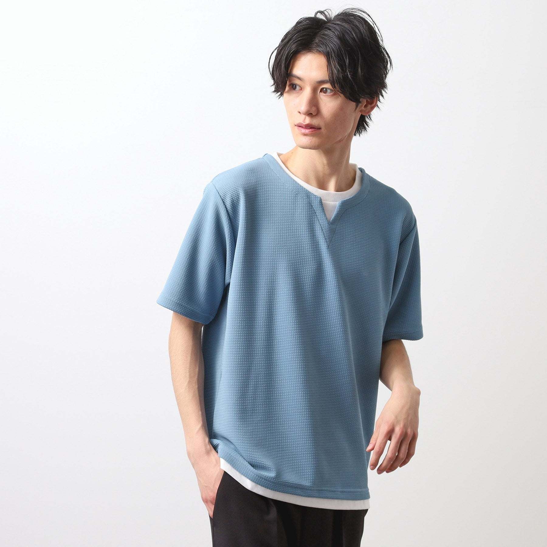 ザ ショップ ティーケー(メンズ) THE SHOP TK(Men) ミニフクレキーネックプルオーバー SS (ブルー(092)) ブルー(092)