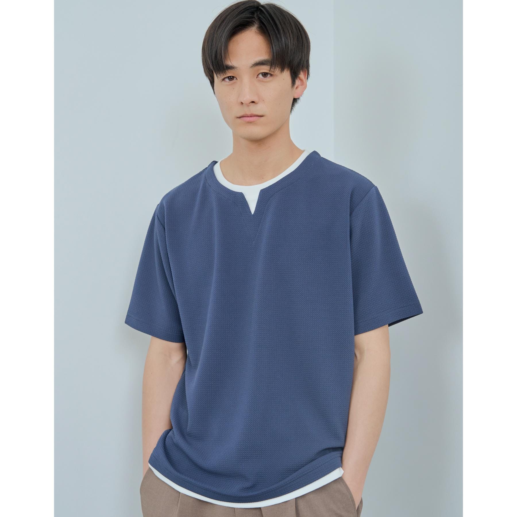 ザ ショップ ティーケー(メンズ) THE SHOP TK(Men) ミニフクレキーネックプルオーバー SS (ブルー(092)) ブルー(092)