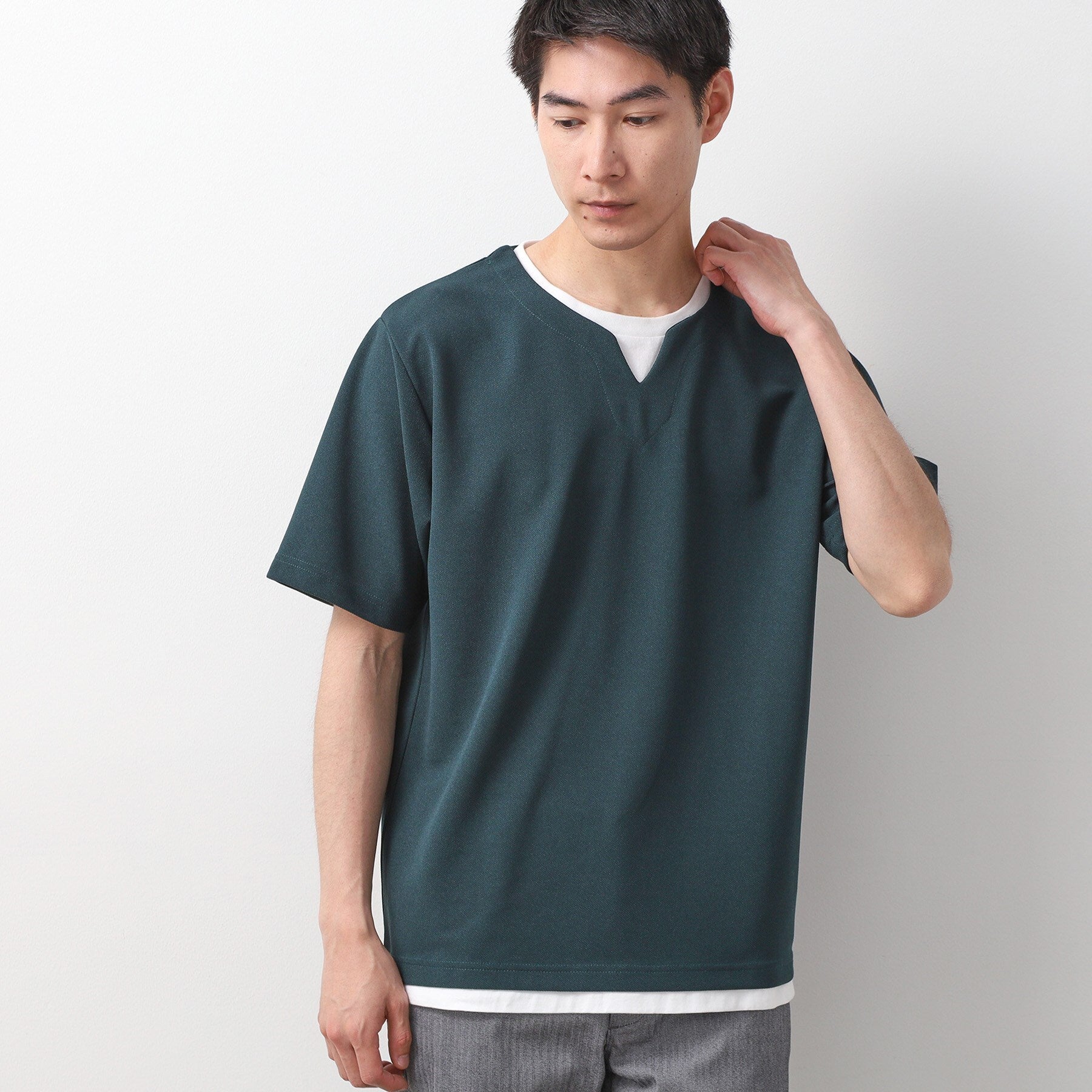 ザ ショップ ティーケー(メンズ) THE SHOP TK(Men) ツイルキーネック半袖Tシャツ (グリーン(024)) グリーン(024)