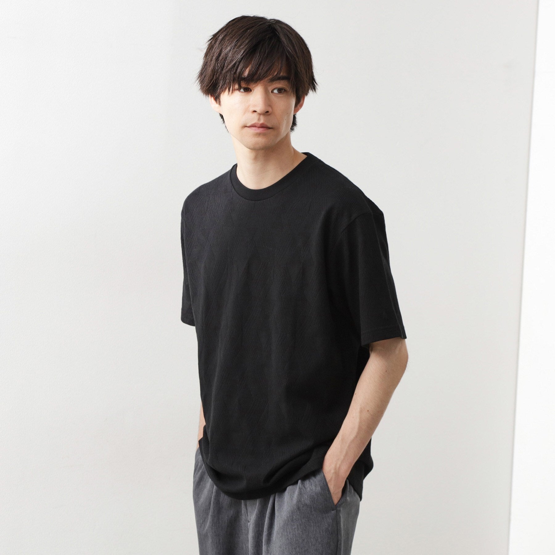 ザ ショップ ティーケー(メンズ) THE SHOP TK(Men) リサイクルパターンジャカード半袖Tシャツ (ブラック(019)) ブラック(019)