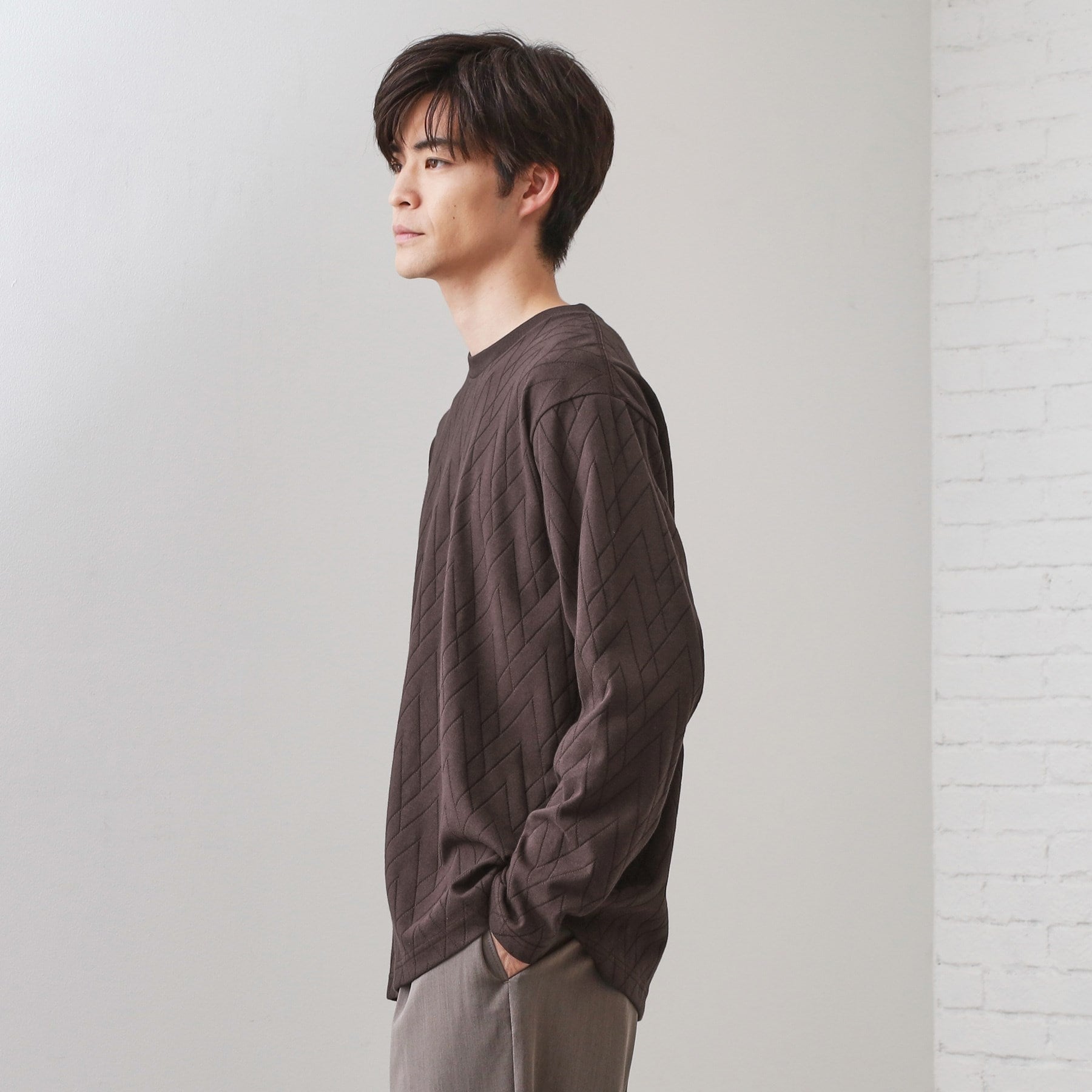 ザ ショップ ティーケー(メンズ) THE SHOP TK(Men) リサイクルリンクスジオメトリック長袖Tシャツ (ブラウン(044)) ブラウン(044)