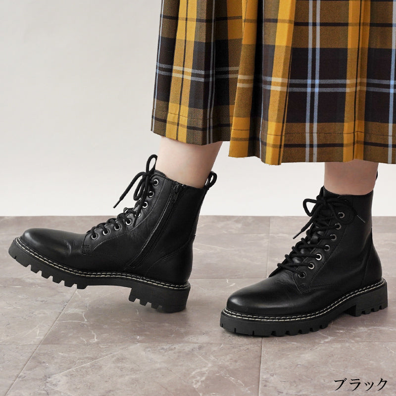 リリオブランコ Lirio blanco 本革 撥水 靴靴 女士 短靴 短靴 鞋子 秋冬靴 鞋帶 上拉 鞋子 側拉鍊 編織靴 粗跟 皮革 厚底 防寒 黑色 黑色 深棕色