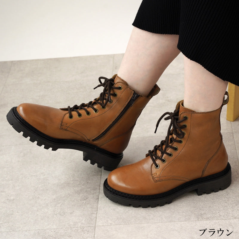 リリオブランコ Lirio blanco 本革 撥水 靴靴 女士 短靴 短靴 鞋子 秋冬靴 鞋帶 上拉 鞋子 側拉鍊 編織靴 粗跟 皮革 厚底 防寒 黑色 黑色 深棕色