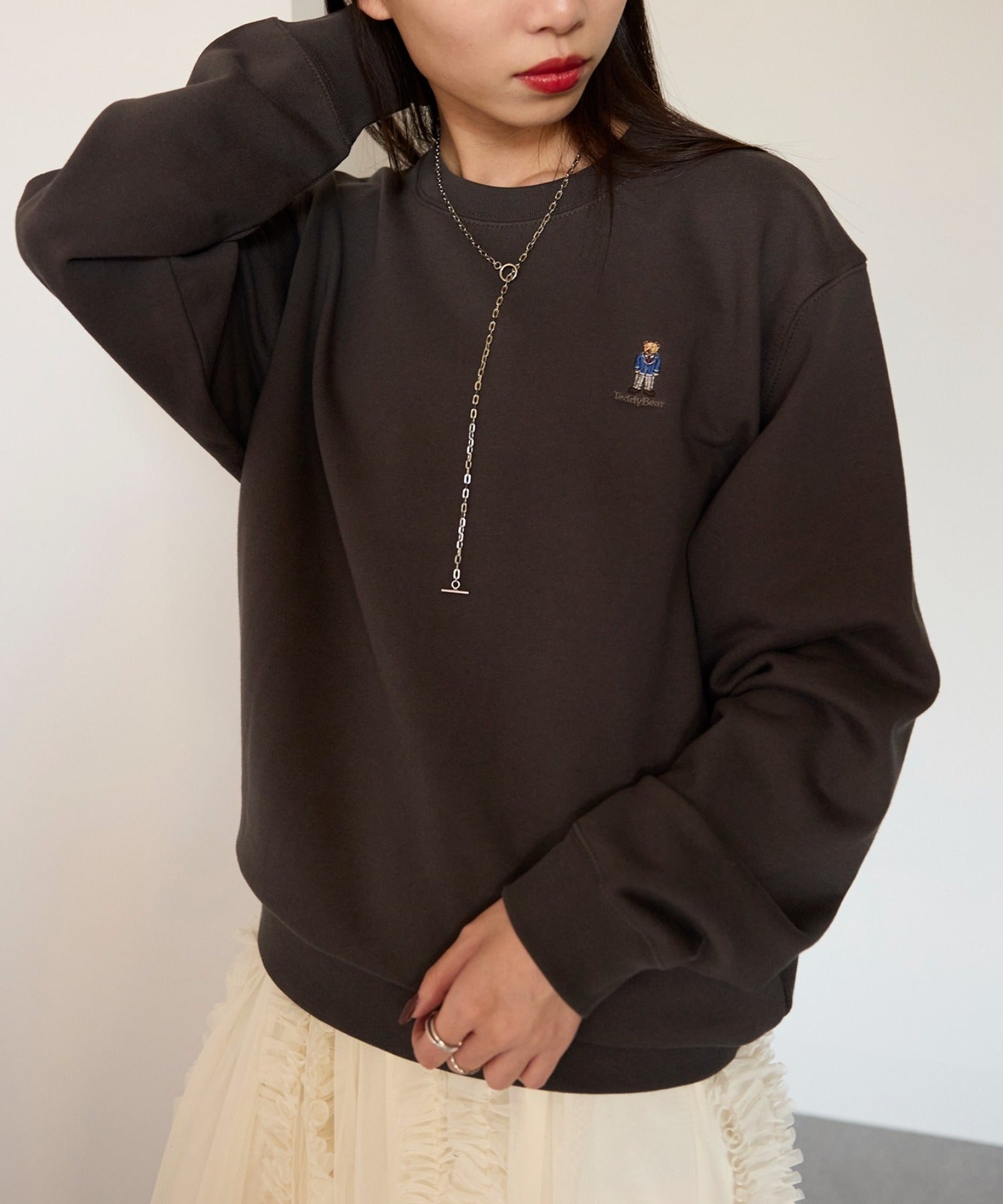 ザ ファイナル ビュー THE FINAL VIEW 【THE FINAL VIEW】TeddyBear ワンポイント刺繍 クルーネックスウェット テディベア ユニセックス (スミクロ) スミクロ