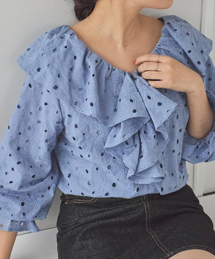 ティティベイト titivate コットンレースフリルブラウス (ブラック) ブラック