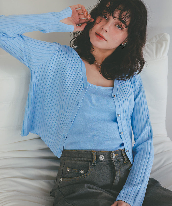 ティティベイト titivate ちびシルバーボタンリブニットカーディガン (ブルー) ブルー