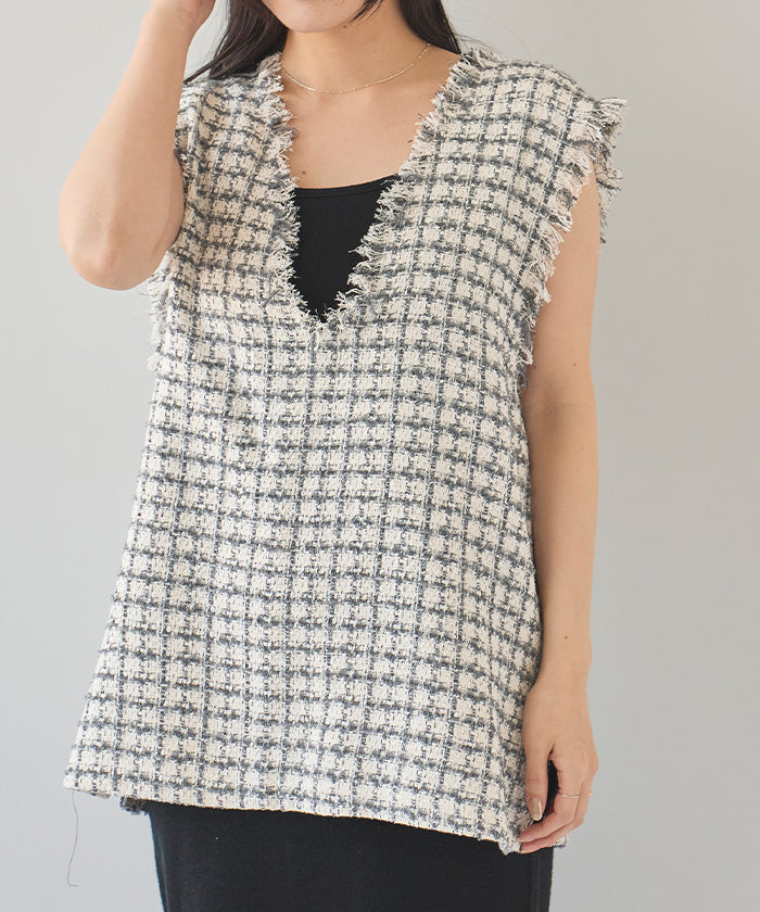 ティティベイト titivate フリンジツイードベスト (グレー) グレー