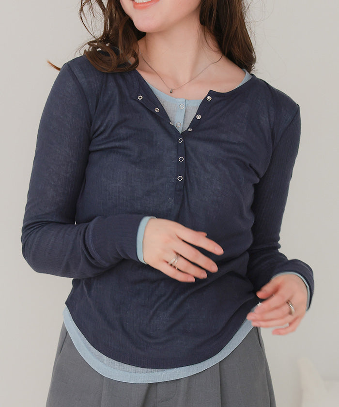 ティティベイト titivate シアーテレコヘンリーネックトップス (ピンク) ピンク