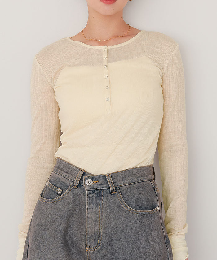 ティティベイト titivate シアーテレコヘンリーネックトップス (ピンク) ピンク