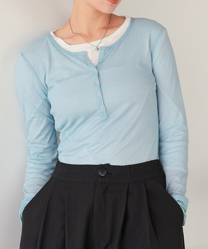 ティティベイト titivate シアーテレコヘンリーネックトップス (ピンク) ピンク