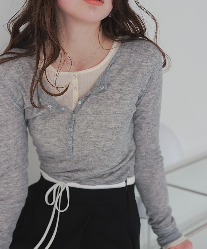 ティティベイト titivate シアーテレコヘンリーネックトップス (ピンク) ピンク