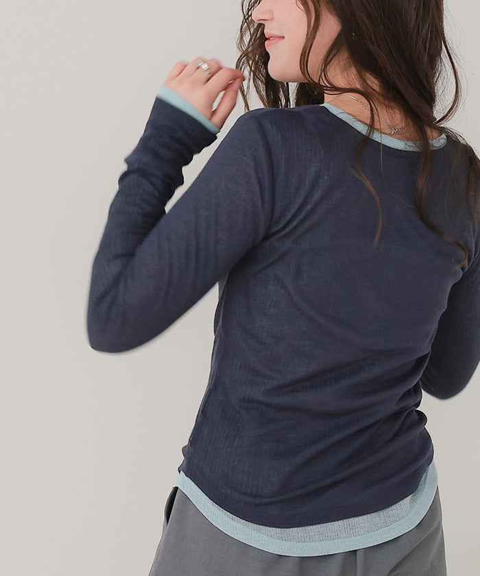 ティティベイト titivate シアーテレコヘンリーネックトップス (ピンク) ピンク