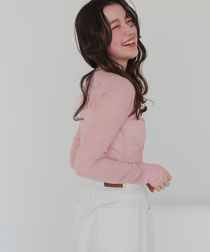 ティティベイト titivate シアーテレコヘンリーネックトップス (ピンク) ピンク