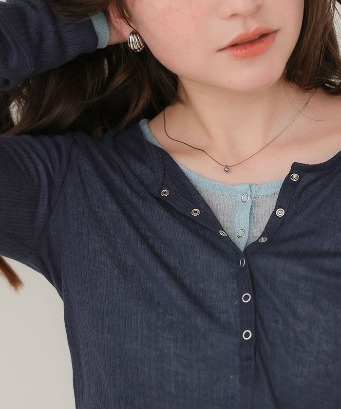 ティティベイト titivate シアーテレコヘンリーネックトップス (ピンク) ピンク