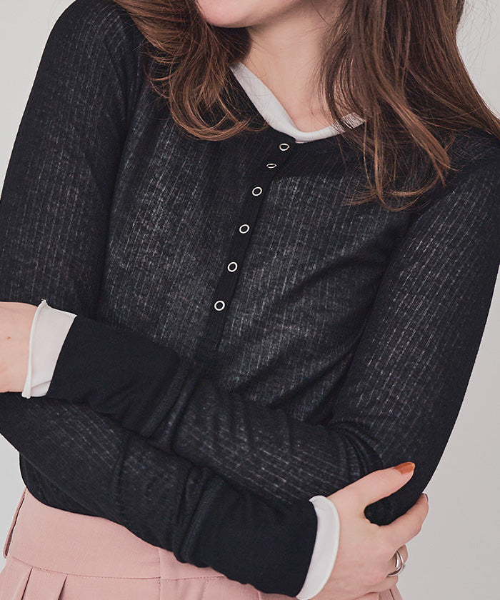 ティティベイト titivate シアーテレコヘンリーネックトップス (ブラック) ブラック