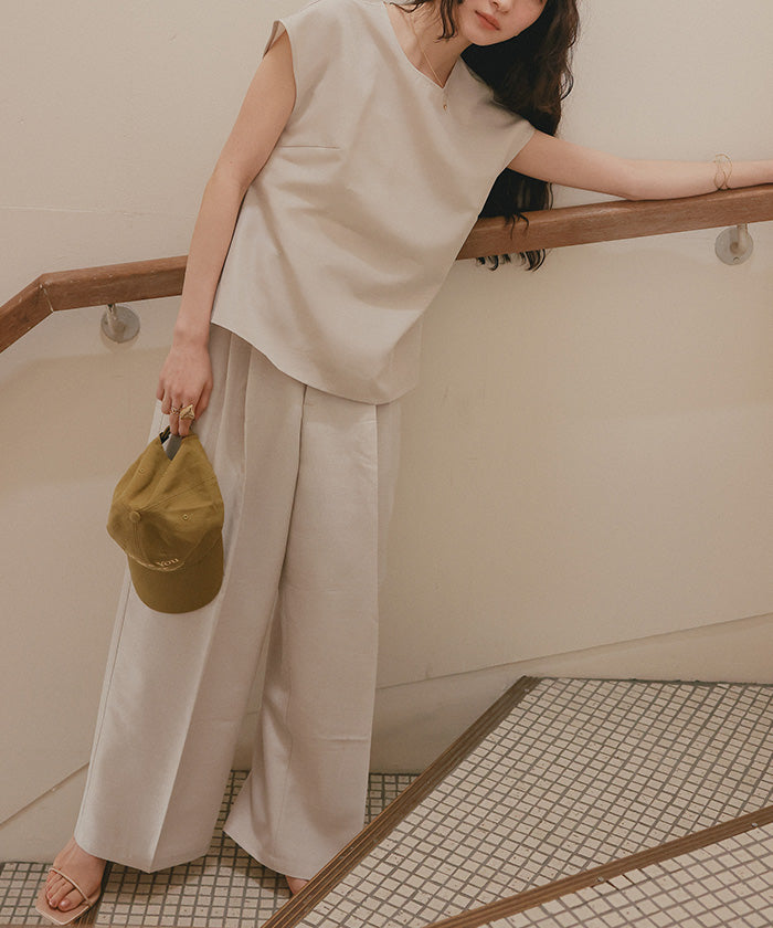 ティティベイト titivate リネンライクツータックワイドパンツ (サンドベージュ) サンドベージュ