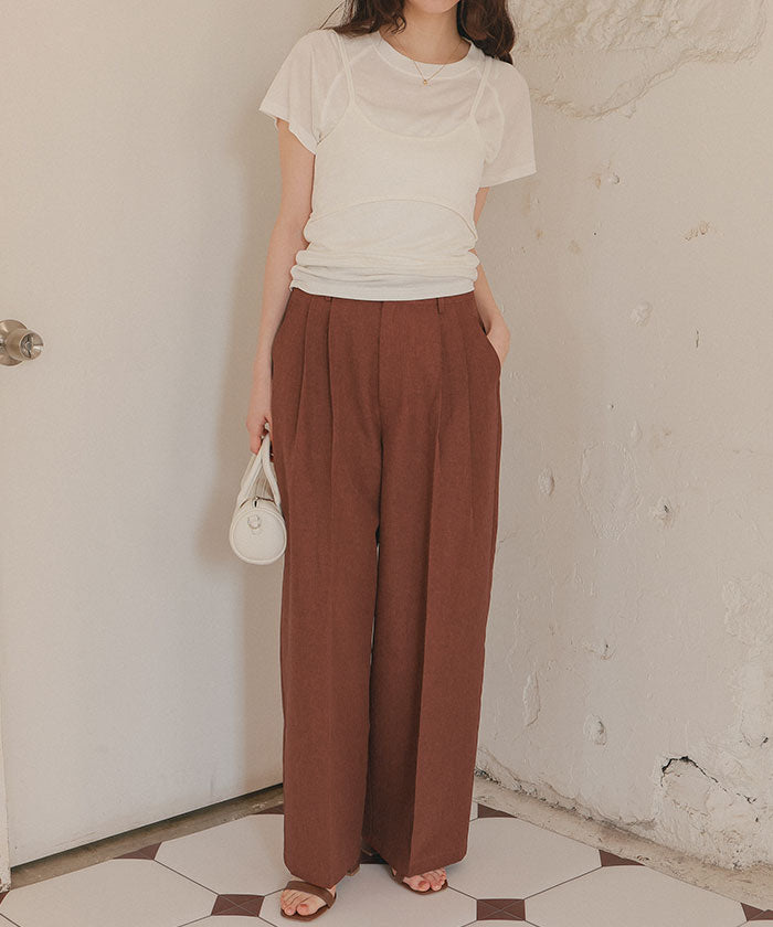 ティティベイト titivate リネンライクツータックワイドパンツ (サンドベージュ) サンドベージュ