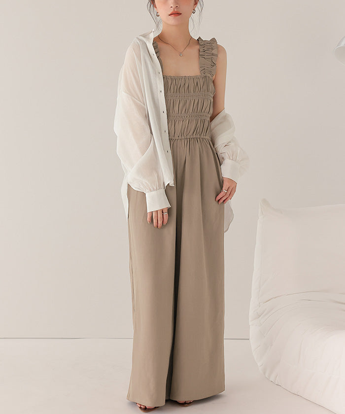 ティティベイト titivate 楽ちんきれいショルダーフリルシャーリングオールインワン (ネイビー) ネイビー