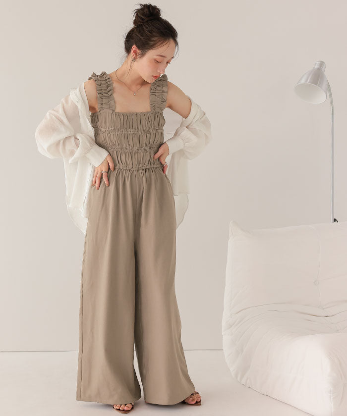 ティティベイト titivate 楽ちんきれいショルダーフリルシャーリングオールインワン (ネイビー) ネイビー