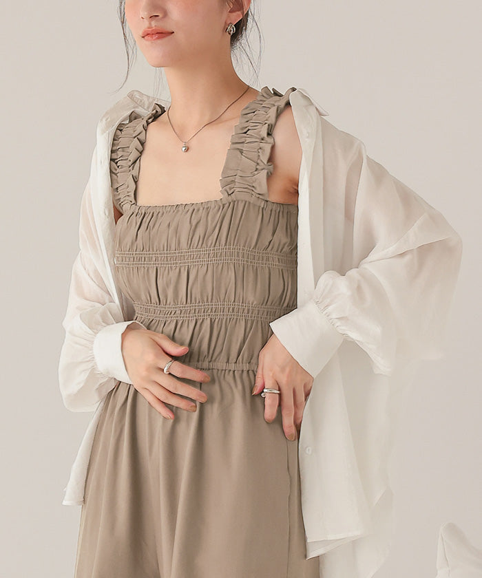 ティティベイト titivate 楽ちんきれいショルダーフリルシャーリングオールインワン (ネイビー) ネイビー