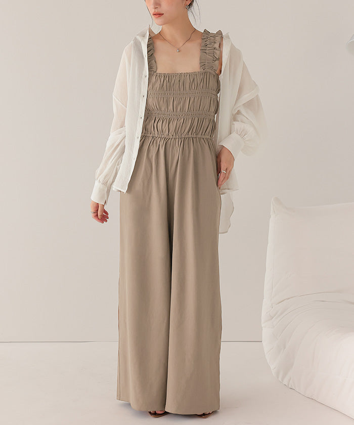 ティティベイト titivate 楽ちんきれいショルダーフリルシャーリングオールインワン (ネイビー) ネイビー