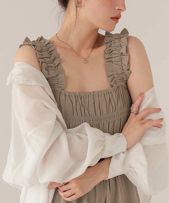 ティティベイト titivate 楽ちんきれいショルダーフリルシャーリングオールインワン (ネイビー) ネイビー