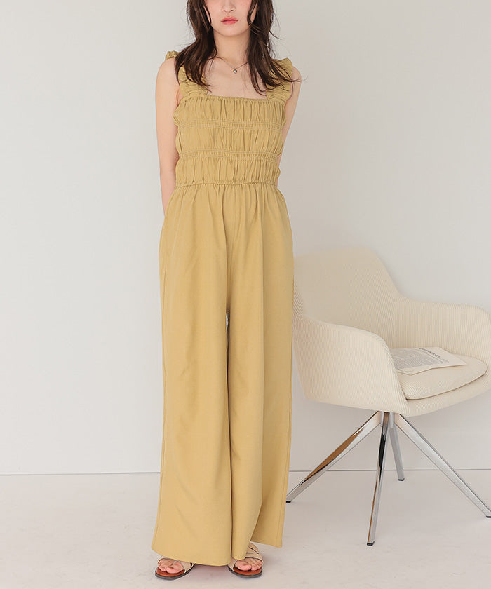 ティティベイト titivate 楽ちんきれいショルダーフリルシャーリングオールインワン (ネイビー) ネイビー