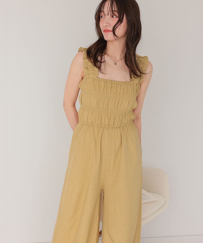 ティティベイト titivate 楽ちんきれいショルダーフリルシャーリングオールインワン (ネイビー) ネイビー