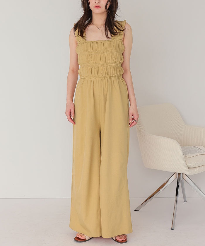 ティティベイト titivate 楽ちんきれいショルダーフリルシャーリングオールインワン (ネイビー) ネイビー