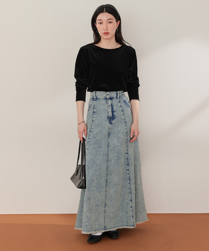 ティティベイト titivate ハイウエストボリュームフレアデニムスカート (グレー) グレー