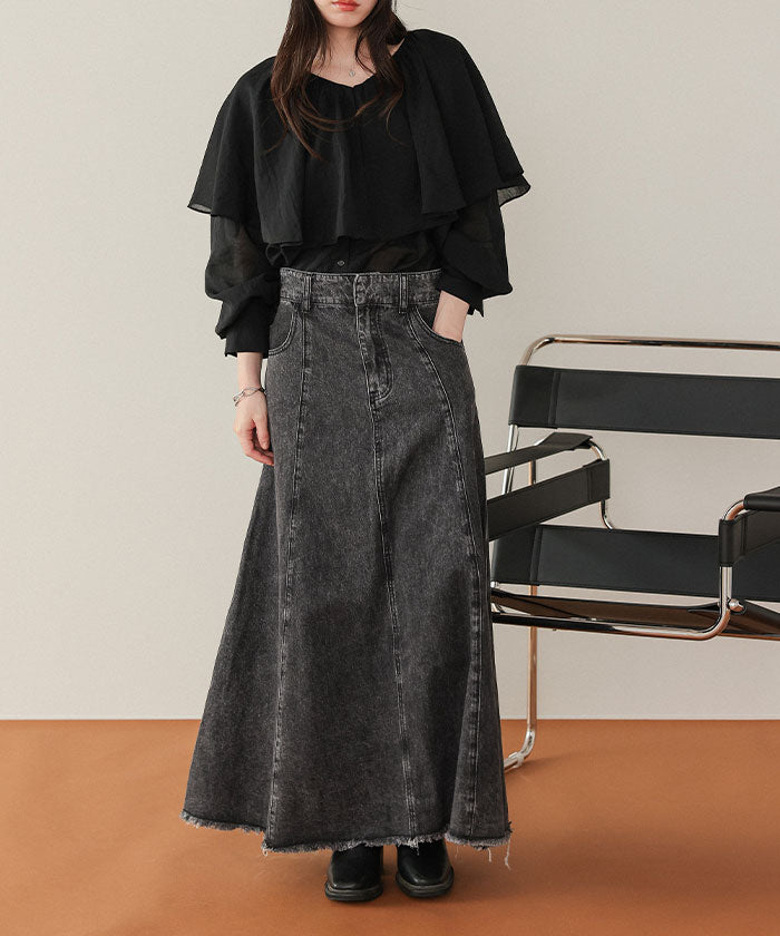 ティティベイト titivate ハイウエストボリュームフレアデニムスカート (グレー) グレー