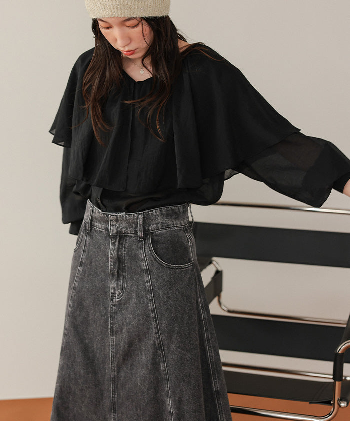 ティティベイト titivate ハイウエストボリュームフレアデニムスカート (グレー) グレー