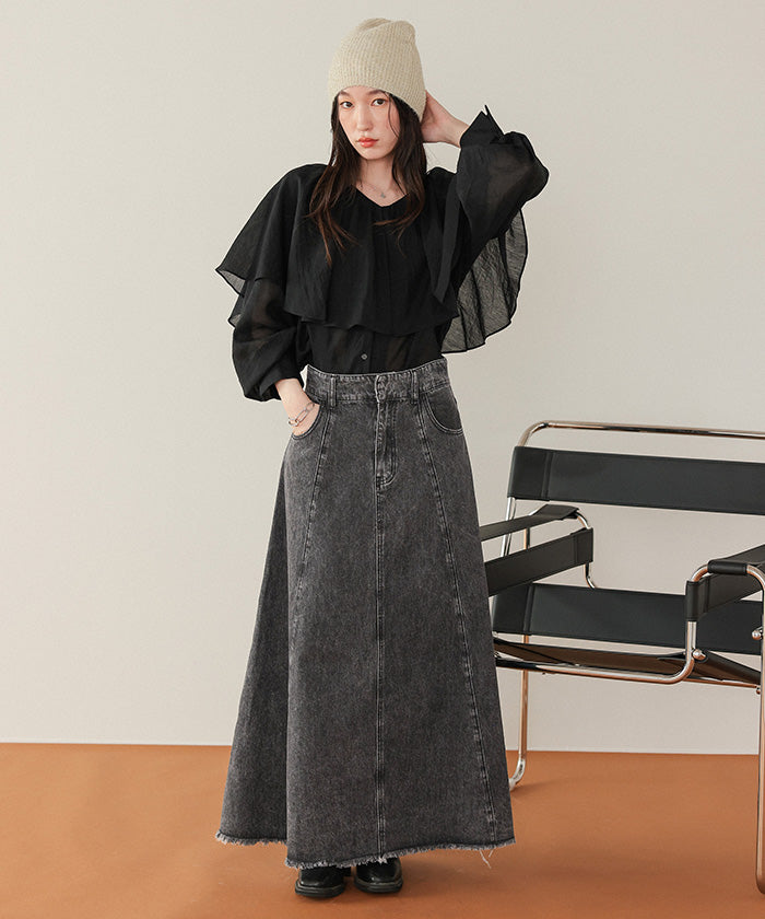 ティティベイト titivate ハイウエストボリュームフレアデニムスカート (グレー) グレー