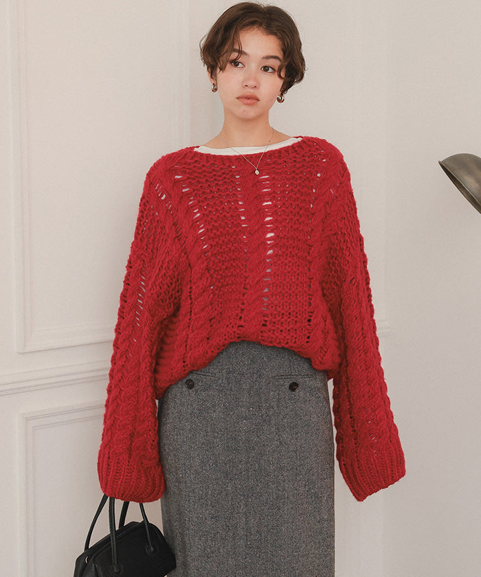 ティティベイト titivate ハンドライクボートネックケーブルニット (グレージュ) グレージュ