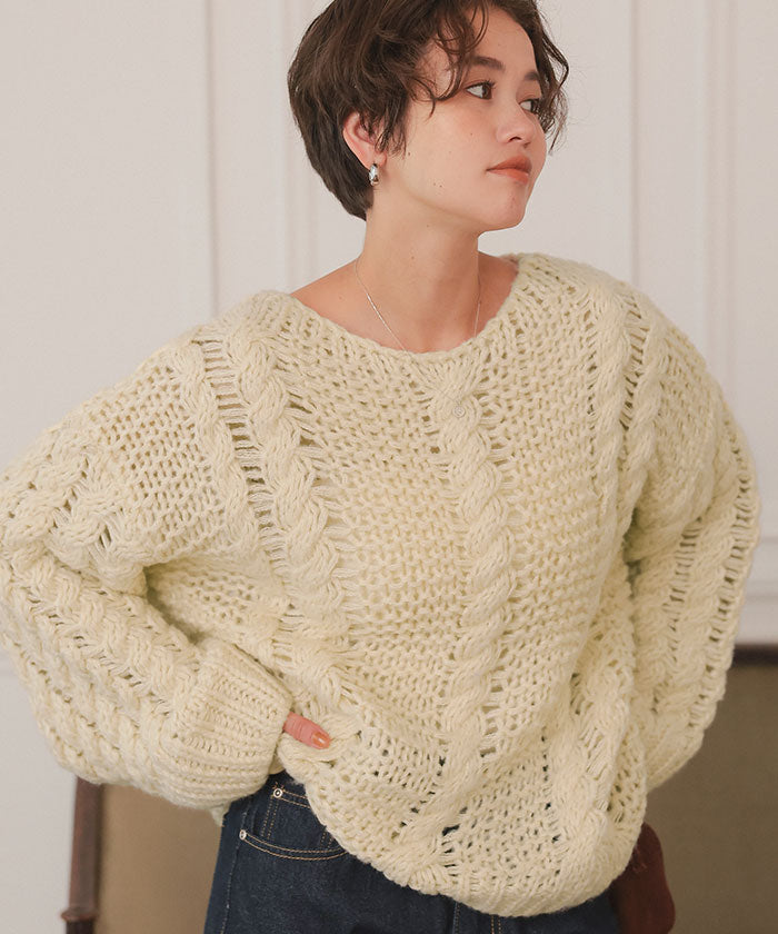 ティティベイト titivate ハンドライクボートネックケーブルニット (アイボリー) アイボリー