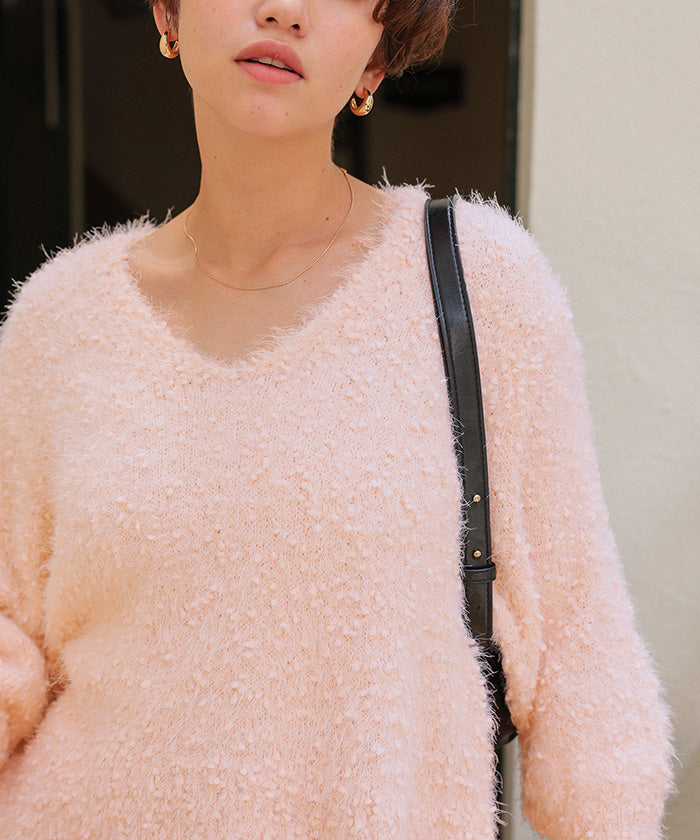 ティティベイト titivate ポコポコシャギーオーバーサイズVネックニット (オフホワイト) オフホワイト